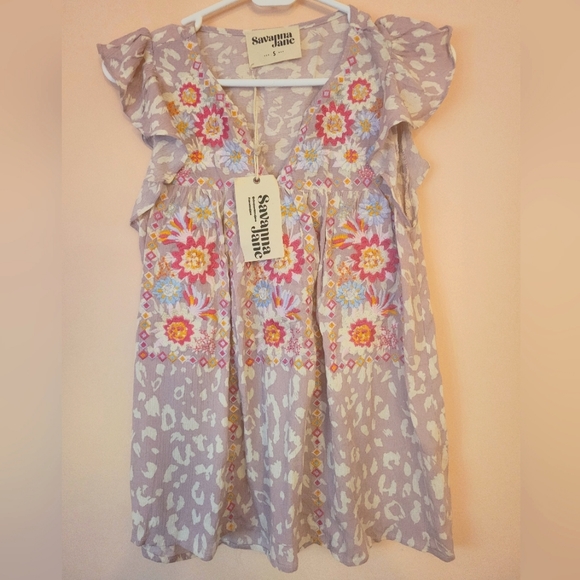 2/$15 Savanna Jane Boho Chic Top, S, Purple Leopard, Floral Embroidery, NWT - Picture 5 of 15